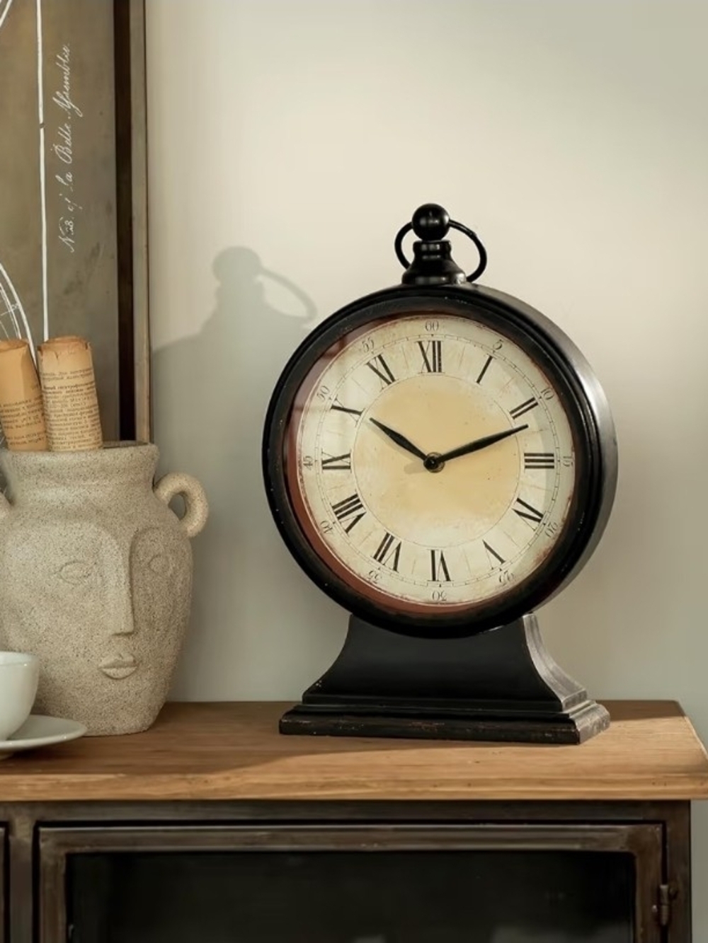 Antique-Style Round Table Clock in Black and Cream - Picture 3 of 8